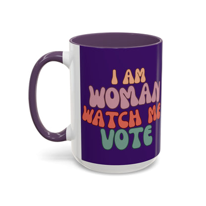 I Am Woman Watch Me Vote Dark Purple Accent Mug by theGreenDragonTavern.shop