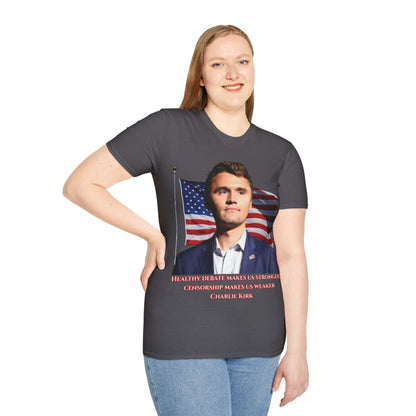 Charlie Kirk, Healthy Debate Dark colors Unisex T-Shirt by theGreenDragonTavern.shop