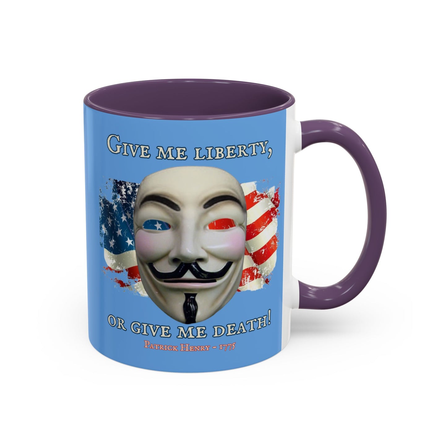 Vendetta, "Give me liberty, or give me death!" Blue Accent Mug by theGreenDragonTavern.shop