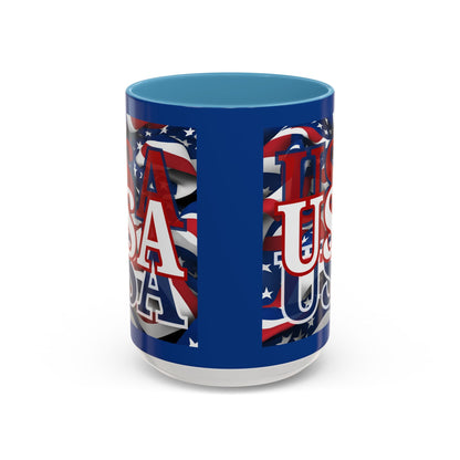 USA White font Center Patriot Blue Accent Mug by theGreenDragonTavern.shop