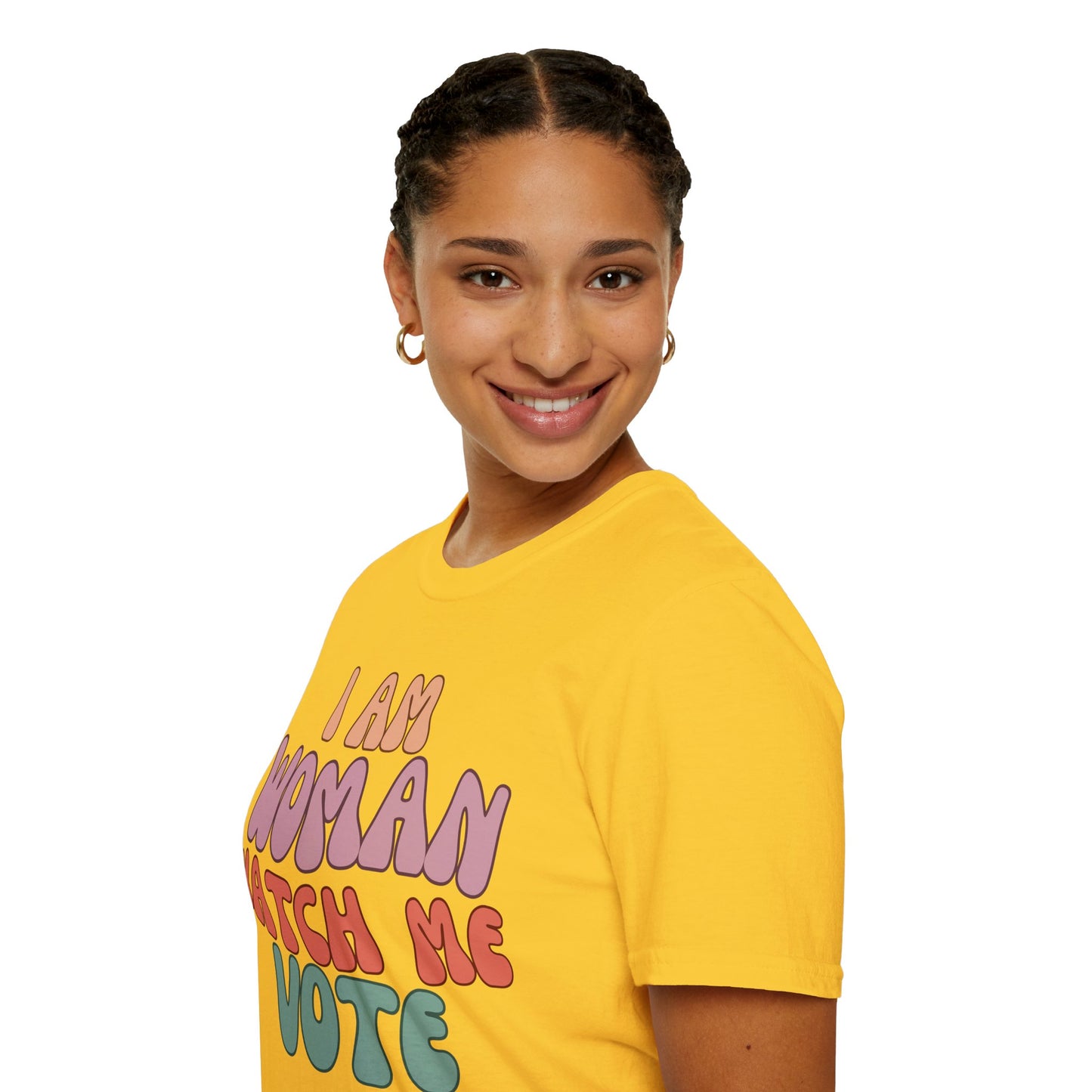 2-sided, I Am Woman Watch Me Vote Light colors Unisex T-Shirt by theGreenDragonTavern.shop