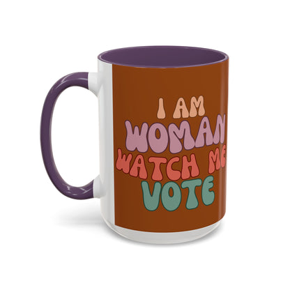 I Am Woman Watch Me Vote Brown Accent Mug by theGreenDragonTavern.shop