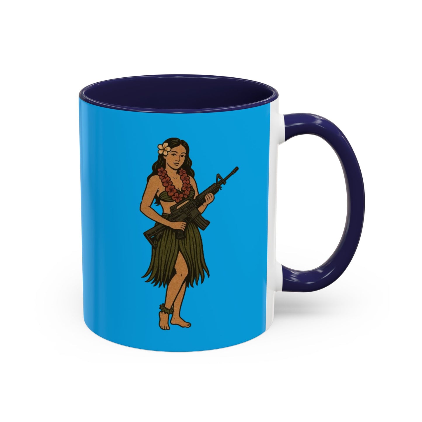 Hula Girl Packin' Heat Light Blue Accent Mug by theGreenDragonTavern.shop