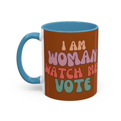 I Am Woman Watch Me Vote Brown Accent Mug by theGreenDragonTavern.shop