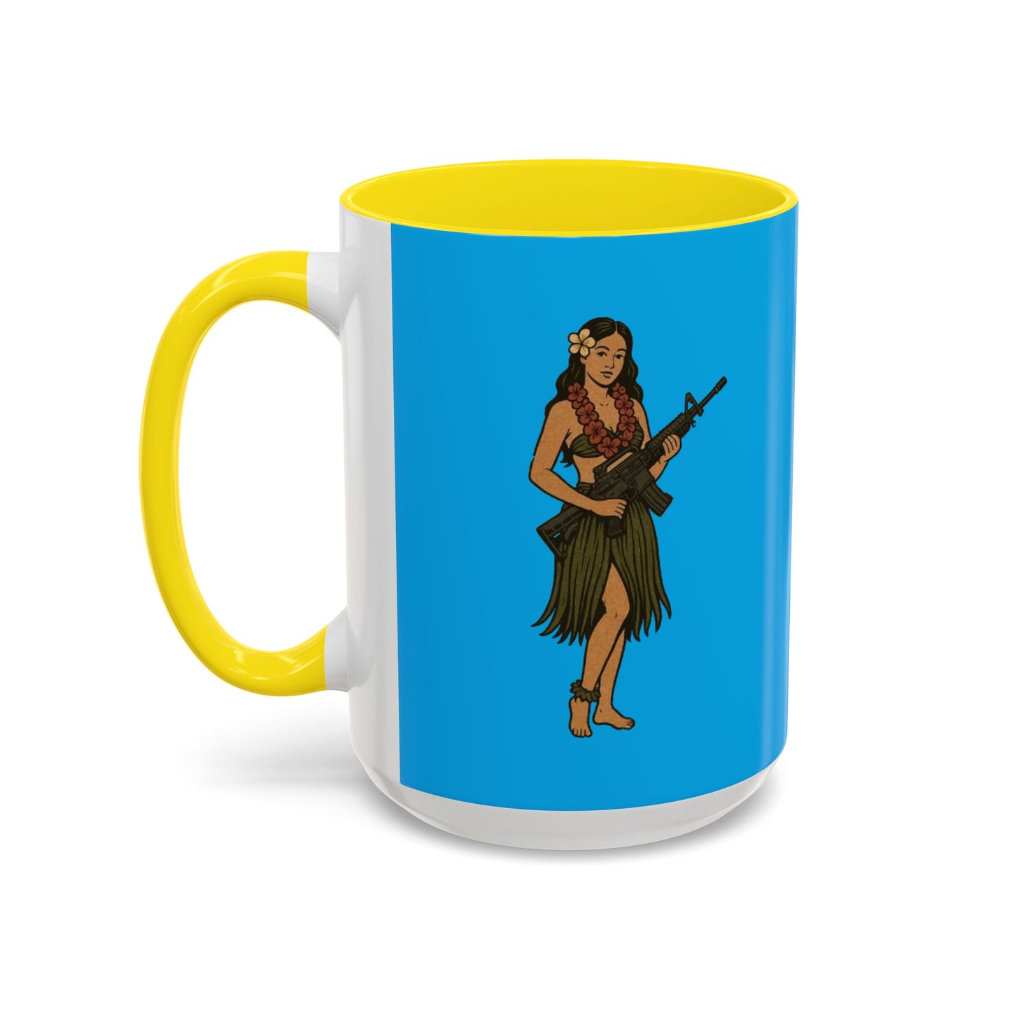 Hula Girl Packin' Heat Light Blue Accent Mug by theGreenDragonTavern.shop