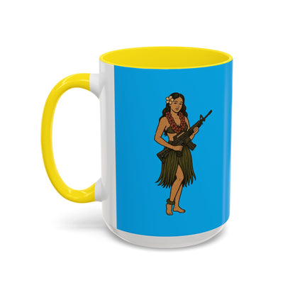 Hula Girl Packin' Heat Light Blue Accent Mug by theGreenDragonTavern.shop