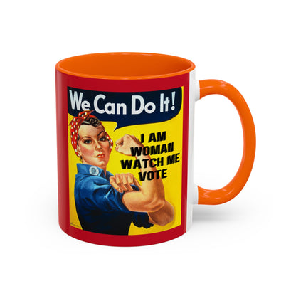 I Am Woman Watch Me Vote Rosie Red Accent Mug by theGreenDragonTavern.shop