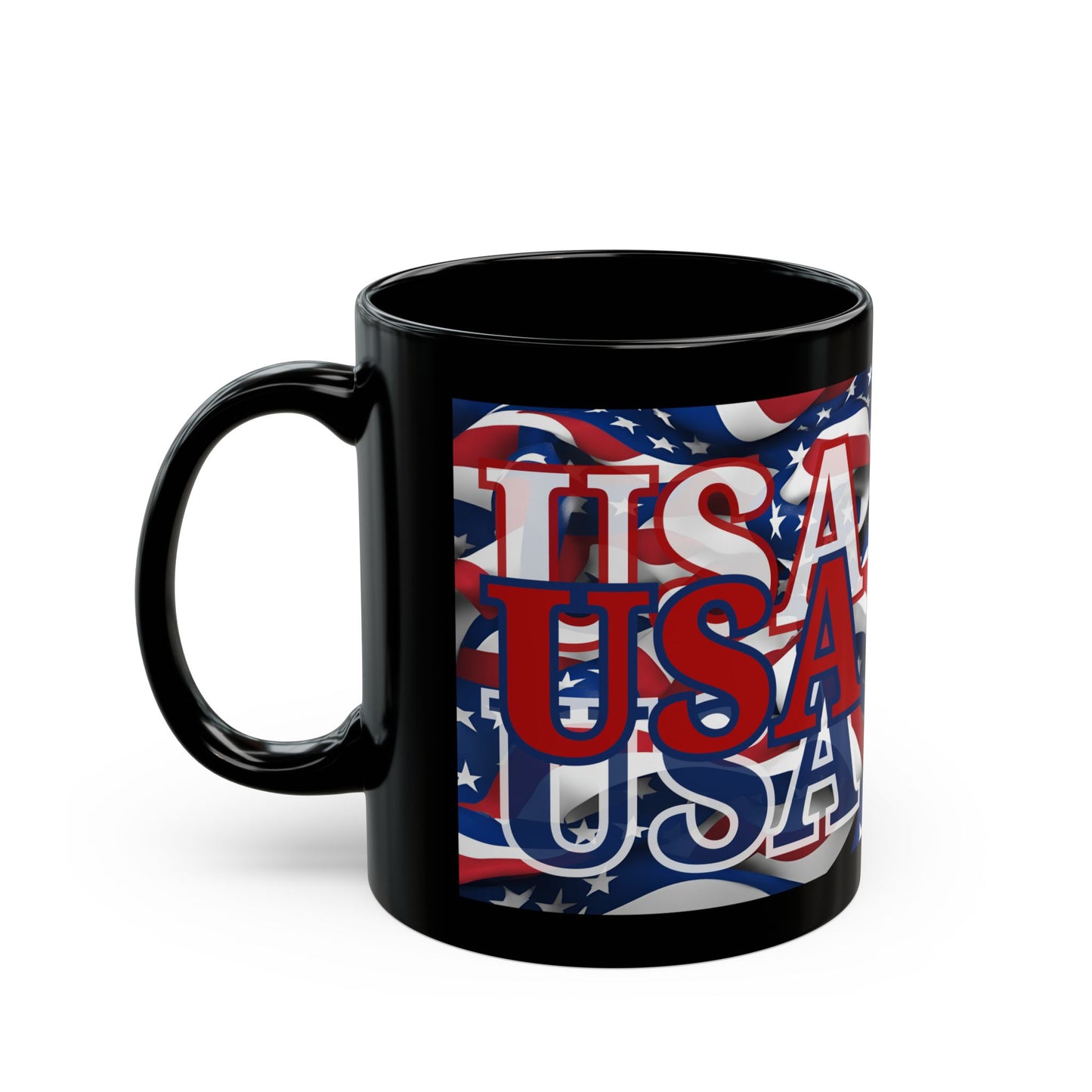 USA Red font Center Patriot Black Mug by theGreenDragonTavern.shop