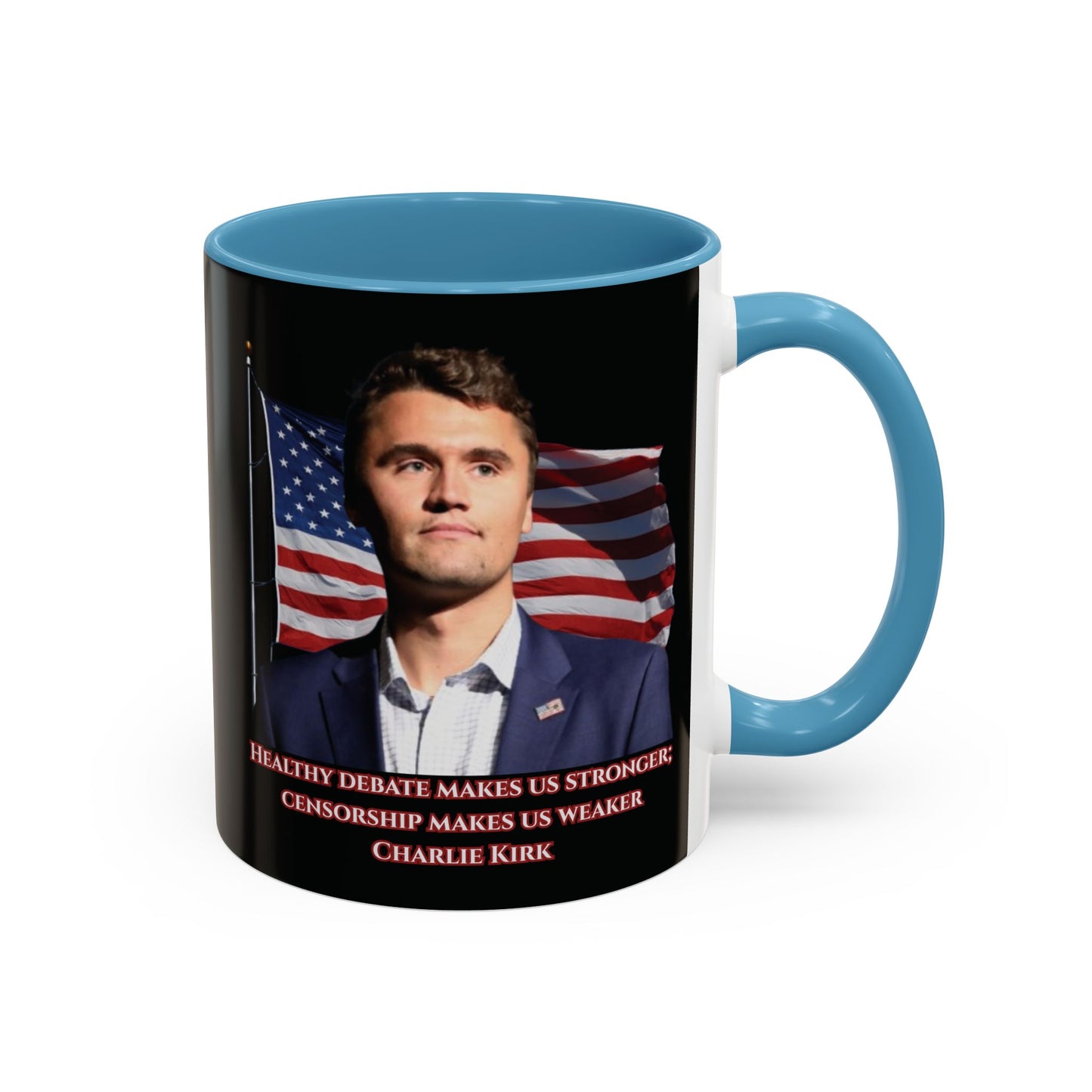 Charlie Kirk, Healthy Debate Black Accent Mug by theGreenDragonTavern.shop