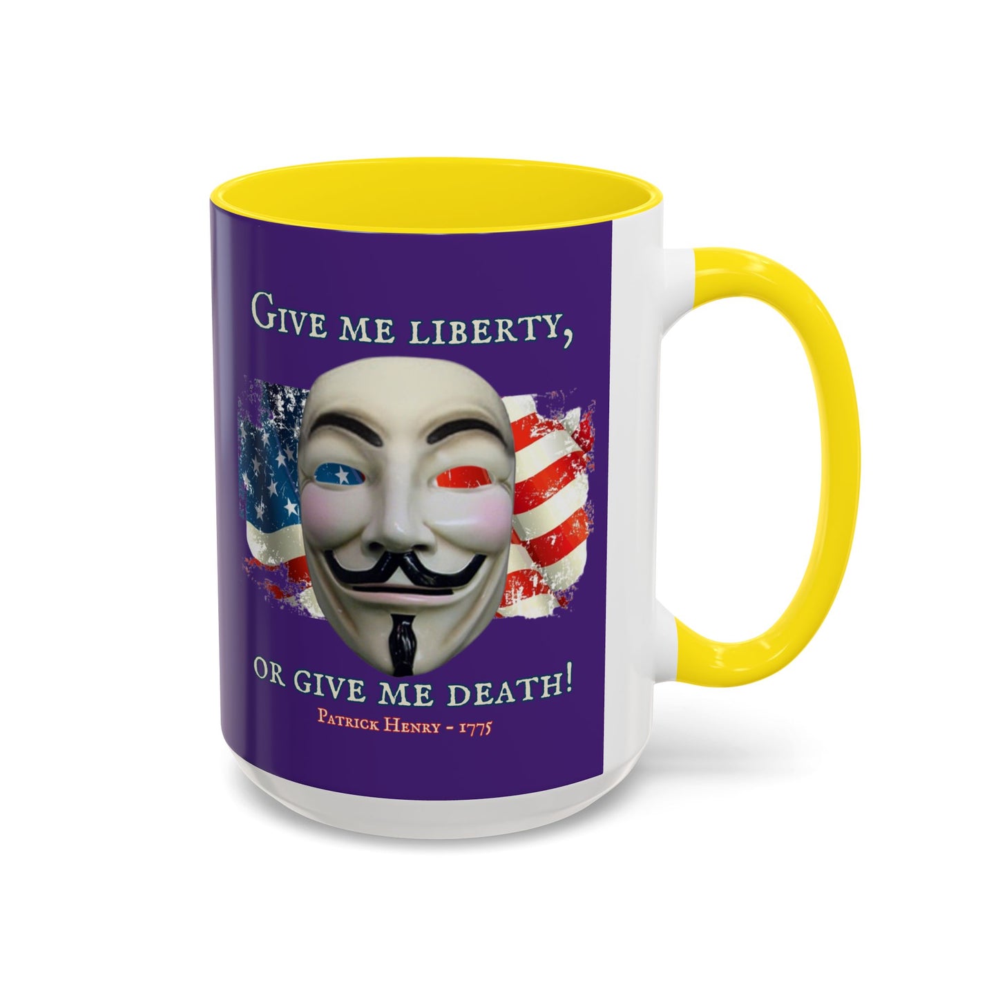 Vendetta, "Give me liberty, or give me death!" Purple Accent Mug by theGreenDragonTavern.shop