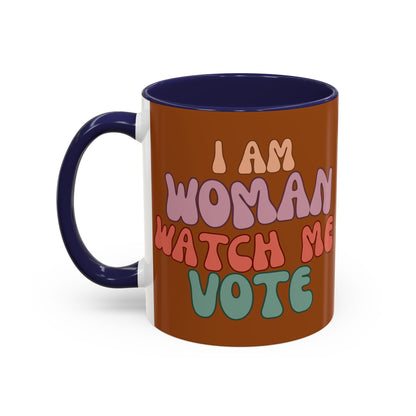 I Am Woman Watch Me Vote Brown Accent Mug by theGreenDragonTavern.shop