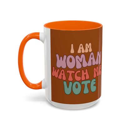 I Am Woman Watch Me Vote Brown Accent Mug by theGreenDragonTavern.shop