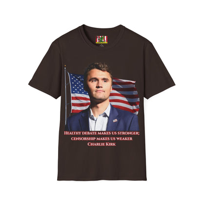 Charlie Kirk, Healthy Debate Dark colors Unisex T-Shirt by theGreenDragonTavern.shop