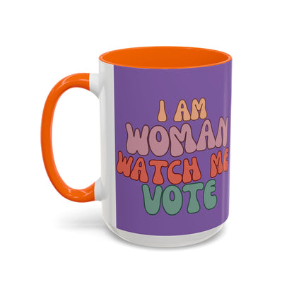 I Am Woman Watch Me Vote Light Purple Accent Mug by theGreenDragonTavern.shop