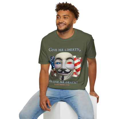 Vendetta, "Give me liberty, or give me death!" Dark colors Unisex T-Shirt by theGreenDragonTavern.shop