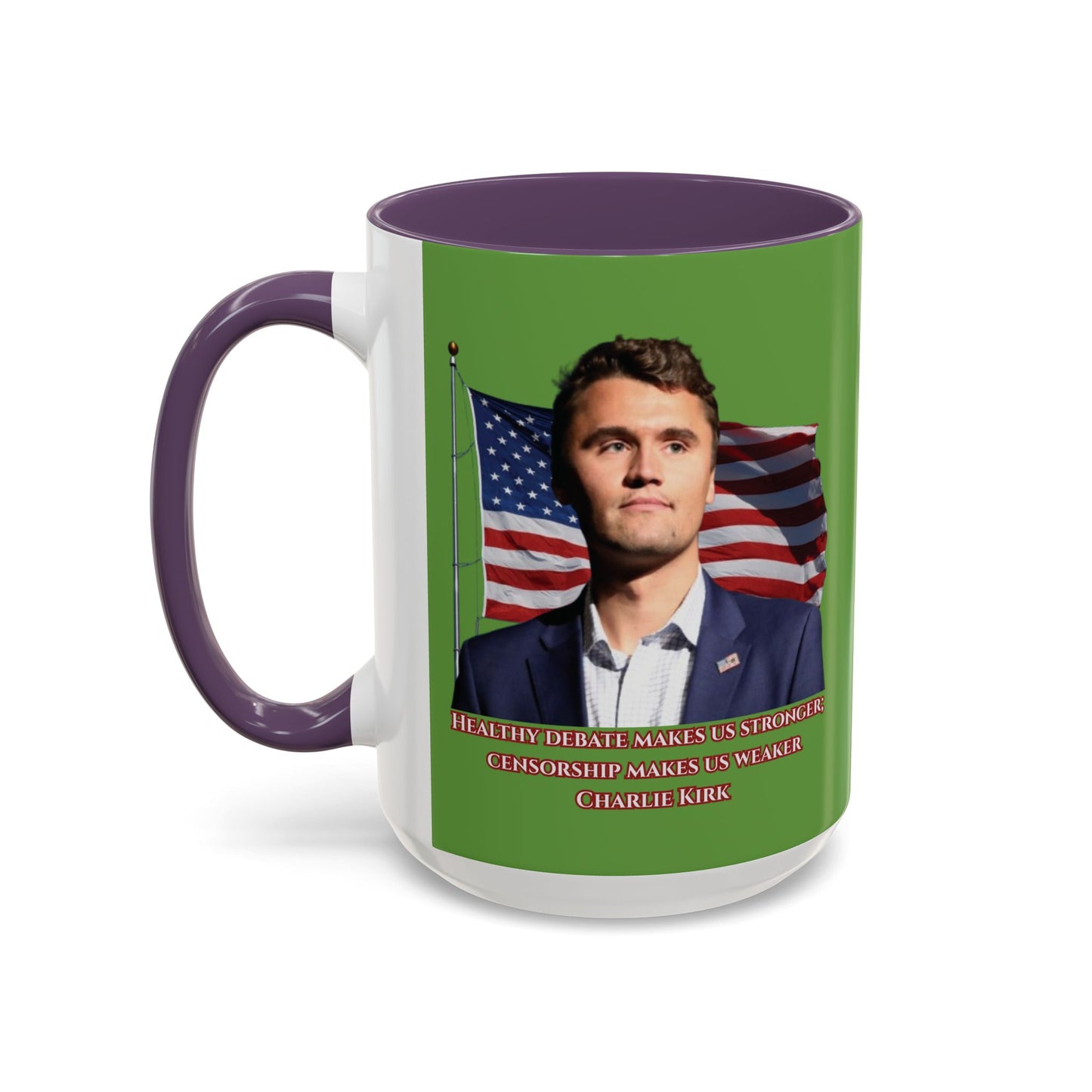 Charlie Kirk, Healthy Debate Green Accent Mug by theGreenDragonTavern.shop