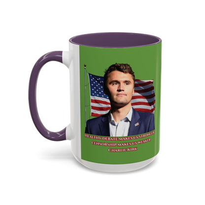 Charlie Kirk, Healthy Debate Green Accent Mug by theGreenDragonTavern.shop