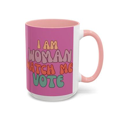 I Am Woman Watch Me Vote Pink Accent Mug by theGreenDragonTavern.shop