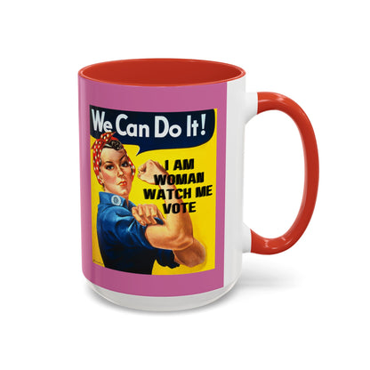 I Am Woman Watch Me Vote Rosie Pink Accent Mug by theGreenDragonTavern.shop