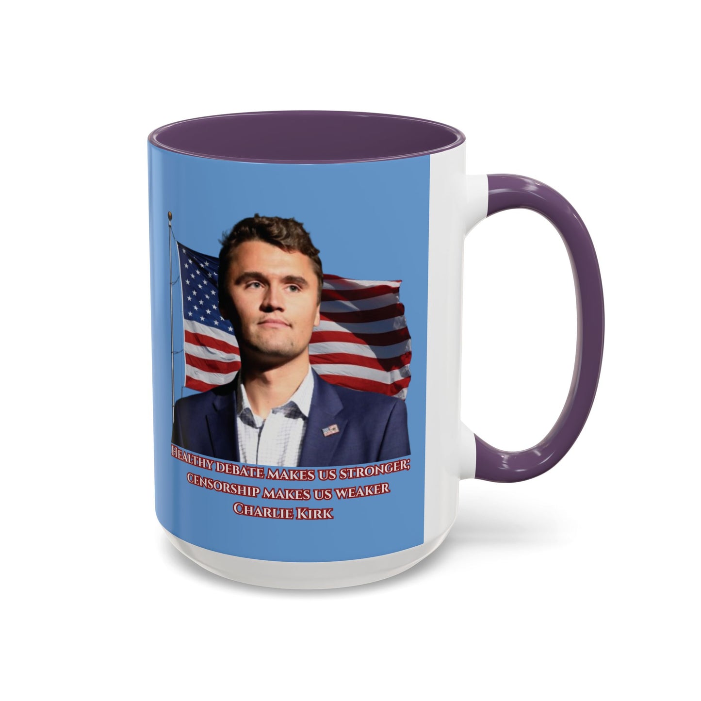 Charlie Kirk, Healthy Debate Light Blue Accent Mug by theGreenDragonTavern.shop