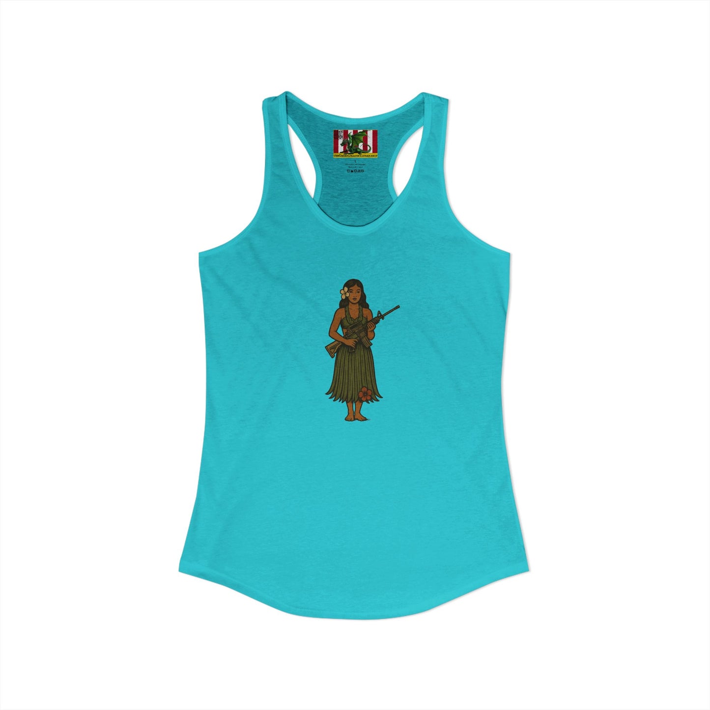 2-sided, Hula Girl Packin' Heat Women's Racerback Tank Top by theGreenDragonTavern.shop