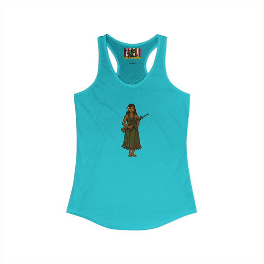 2-sided, Hula Girl Packin' Heat Women's Racerback Tank Top by theGreenDragonTavern.shop
