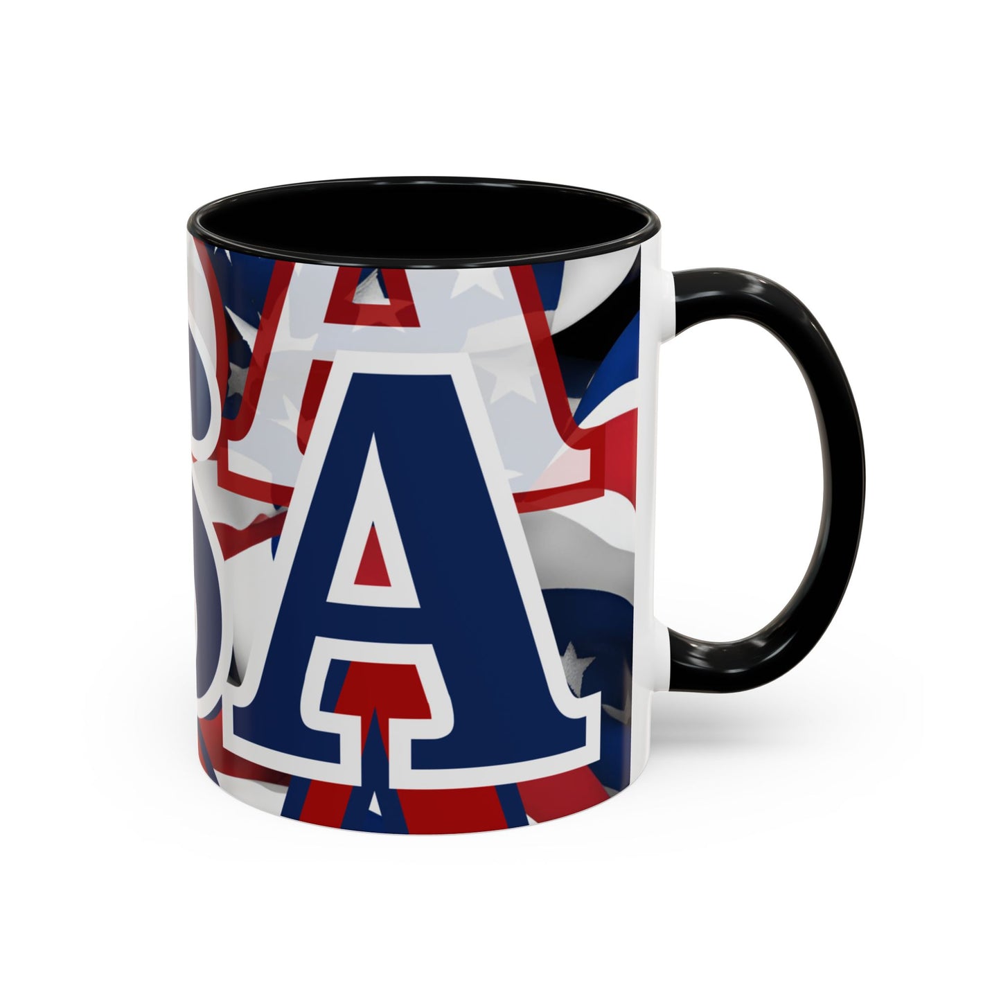 USA! USA! USA Blue font Patriot White Accent Mug by theGreenDragonTavern.shop