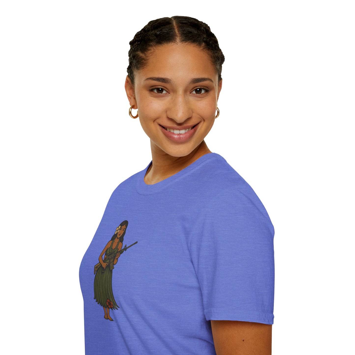 2-sided, Hula Girl Packin' Heat Light colors Unisex T-Shirt by theGreenDragonTavern.shop