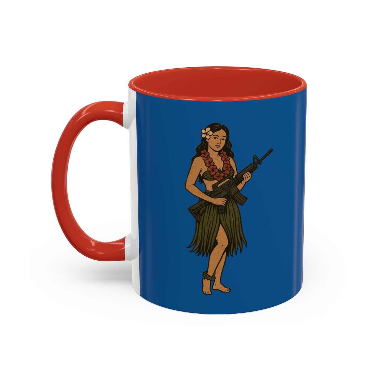 Hula Girl Packin' Heat Dark Blue Accent Mug by theGreenDragonTavern.shop