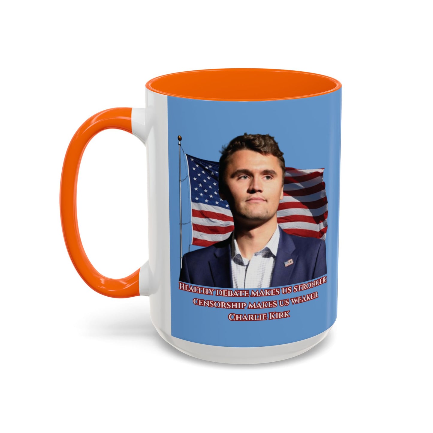 Charlie Kirk, Healthy Debate Light Blue Accent Mug by theGreenDragonTavern.shop