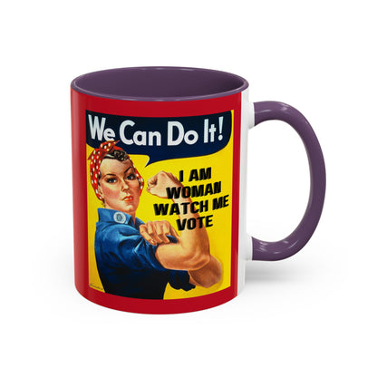 I Am Woman Watch Me Vote Rosie Red Accent Mug by theGreenDragonTavern.shop
