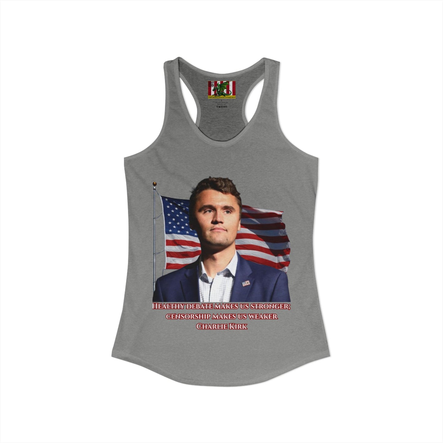 Charlie Kirk, Healthy Debate Women's Racerback Tank Top by theGreenDragonTavern.shop