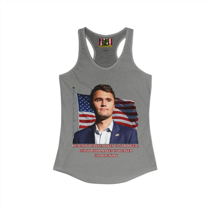 Charlie Kirk, Healthy Debate Women's Racerback Tank Top by theGreenDragonTavern.shop
