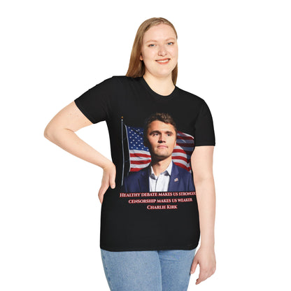 Charlie Kirk, Healthy Debate Dark colors Unisex T-Shirt by theGreenDragonTavern.shop