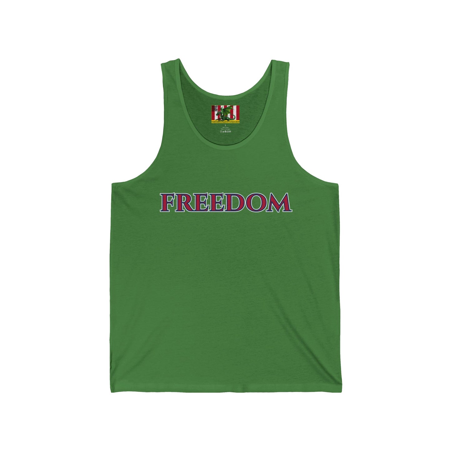 Freedom, Red font Unisex Jersey Tank Top by theGreenDragonTavern.shop