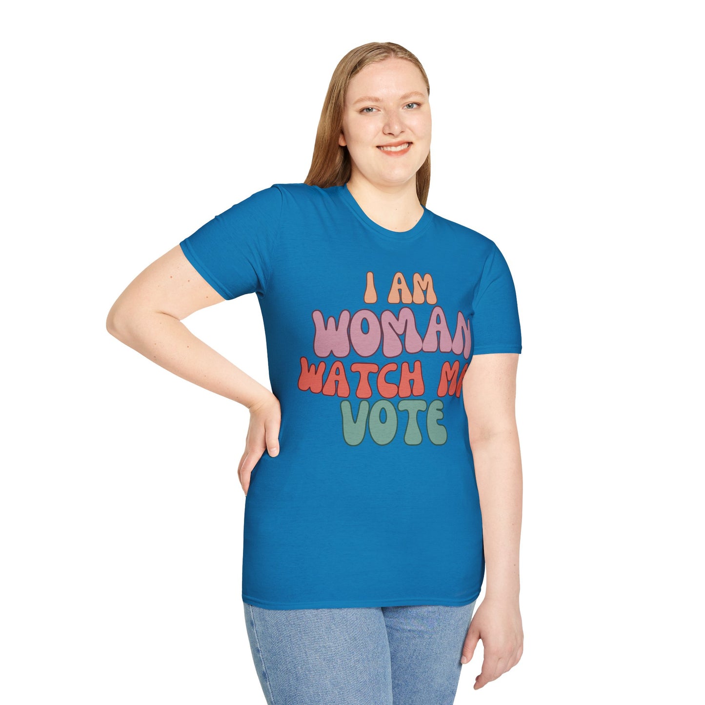 2-sided, I Am Woman Watch Me Vote Dark colors Unisex T-Shirt by theGreenDragonTavern.shop