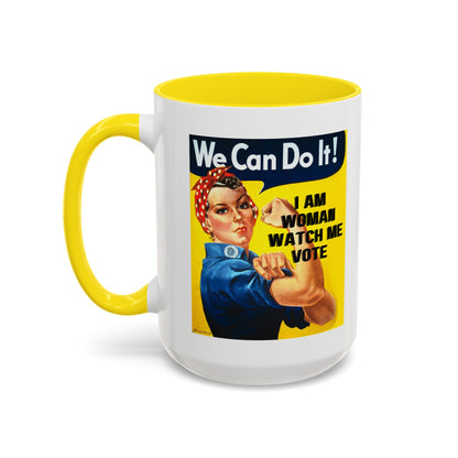 I Am Woman Watch Me Vote Rosie White Accent Mug by theGreenDragonTavern.shop