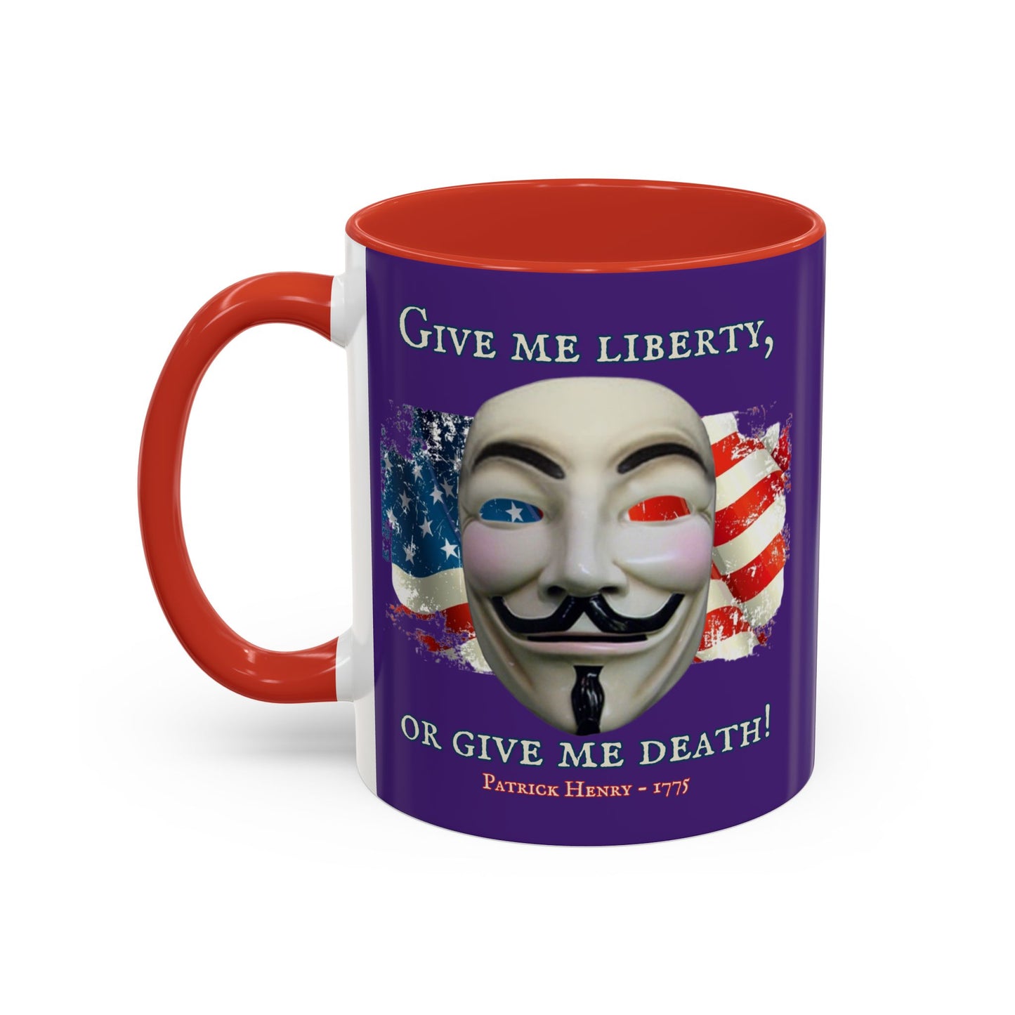 Vendetta, "Give me liberty, or give me death!" Purple Accent Mug by theGreenDragonTavern.shop