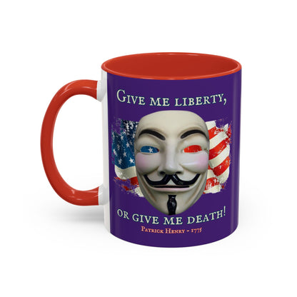 Vendetta, "Give me liberty, or give me death!" Purple Accent Mug by theGreenDragonTavern.shop