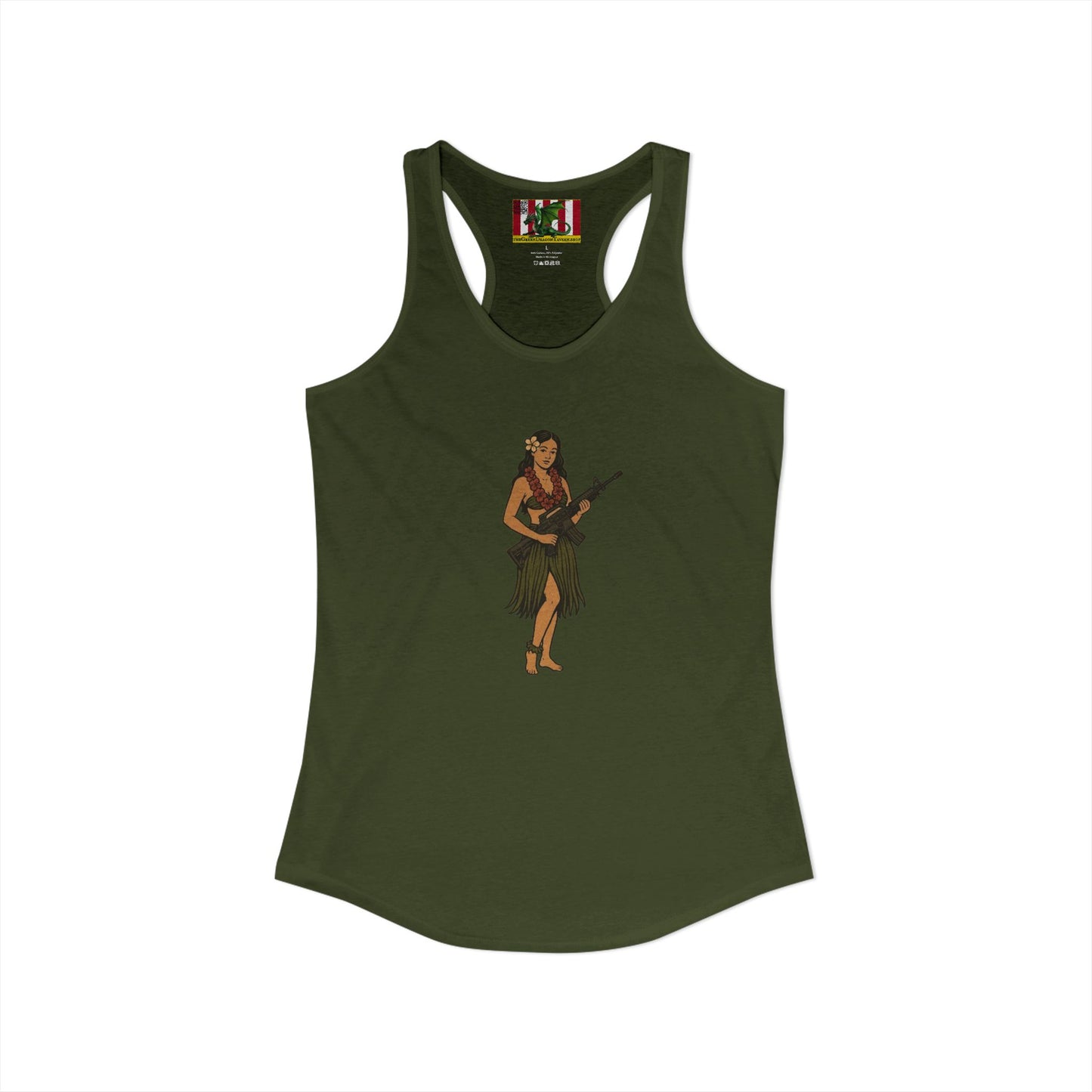 Hula Girl Packin' Heat Women's Racerback Tank Top by theGreenDragonTavern.shop
