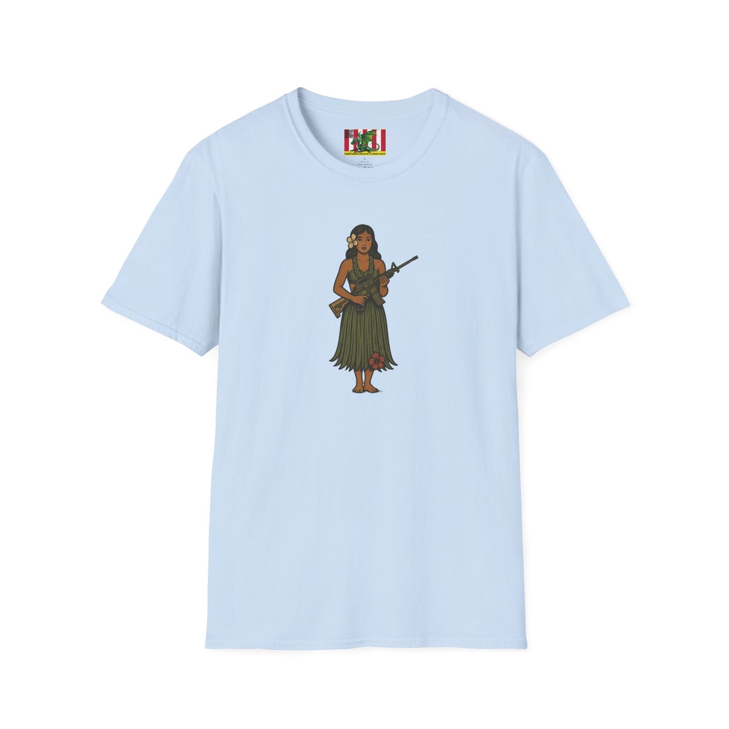 2-sided, Hula Girl Packin' Heat Light colors Unisex T-Shirt by theGreenDragonTavern.shop