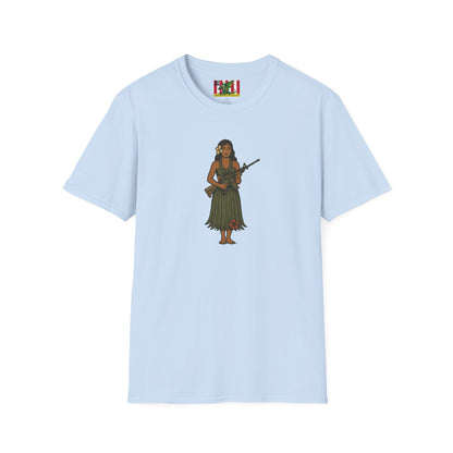 2-sided, Hula Girl Packin' Heat Light colors Unisex T-Shirt by theGreenDragonTavern.shop