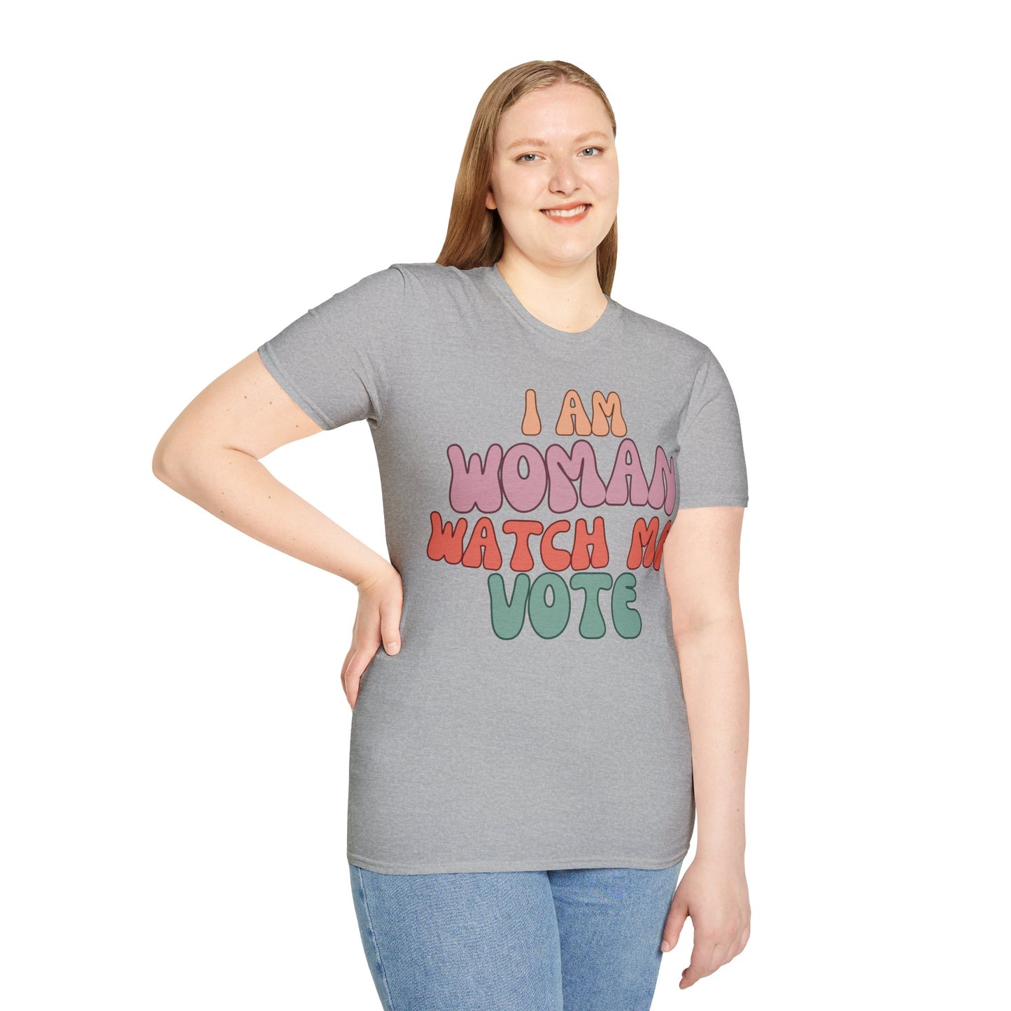 2-sided, I Am Woman Watch Me Vote Light colors Unisex T-Shirt by theGreenDragonTavern.shop
