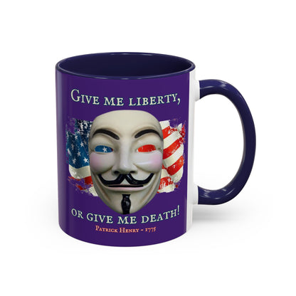 Vendetta, "Give me liberty, or give me death!" Purple Accent Mug by theGreenDragonTavern.shop