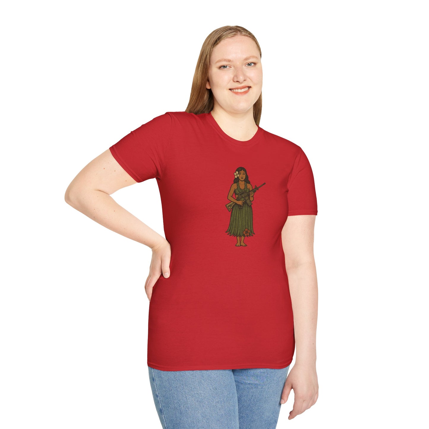 2-sided, Hula Girl Packin' Heat Light colors Unisex T-Shirt by theGreenDragonTavern.shop