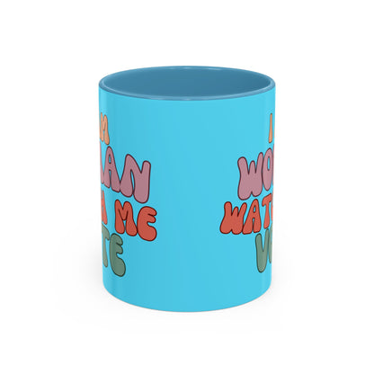I Am Woman Watch Me Vote Light Blue Accent Mug by theGreenDragonTavern.shop