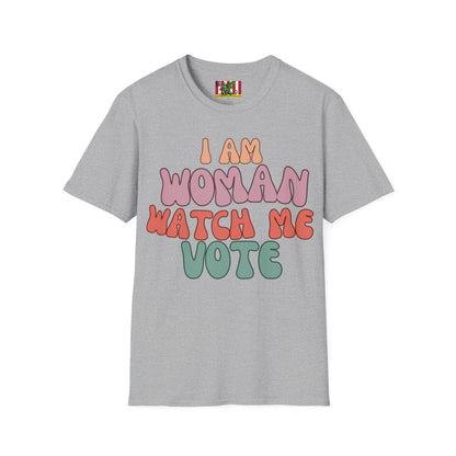 2-sided, I Am Woman Watch Me Vote Light colors Unisex T-Shirt by theGreenDragonTavern.shop