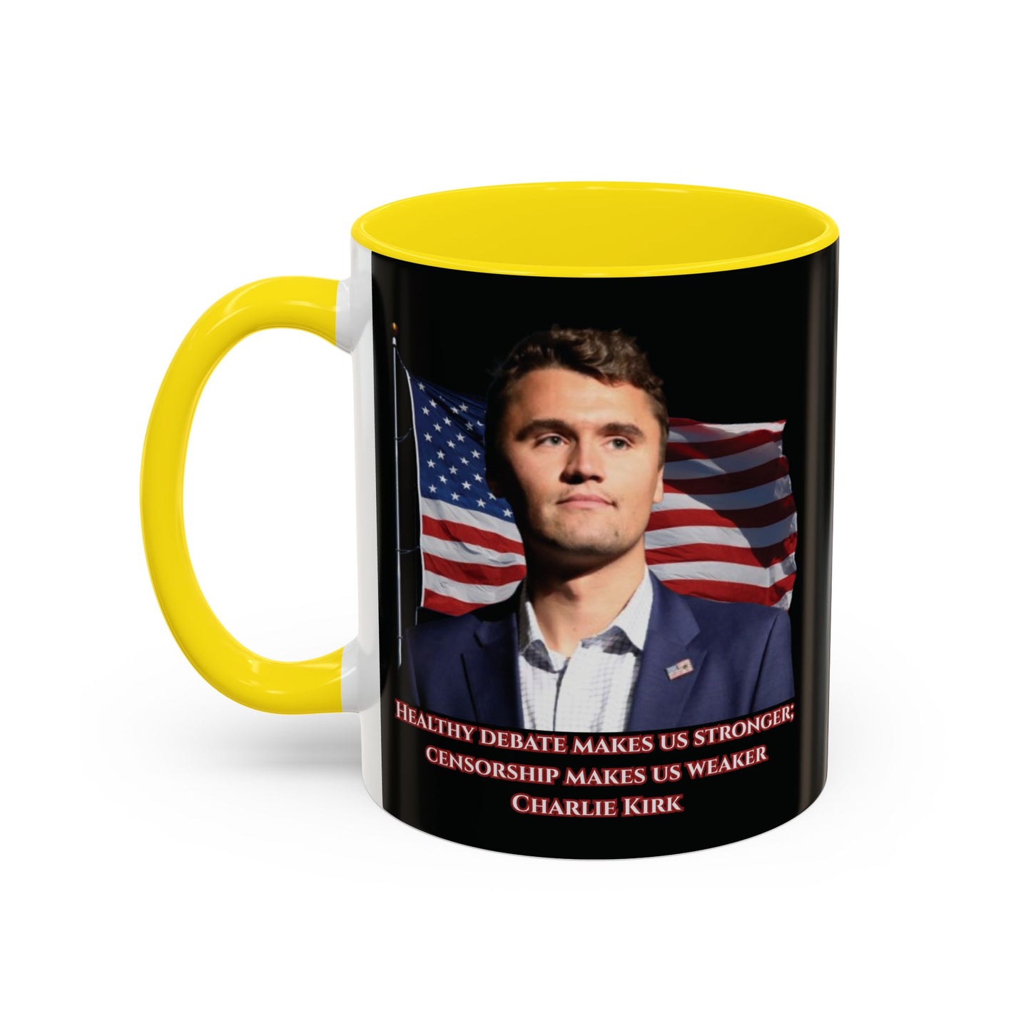 Charlie Kirk, Healthy Debate Black Accent Mug by theGreenDragonTavern.shop