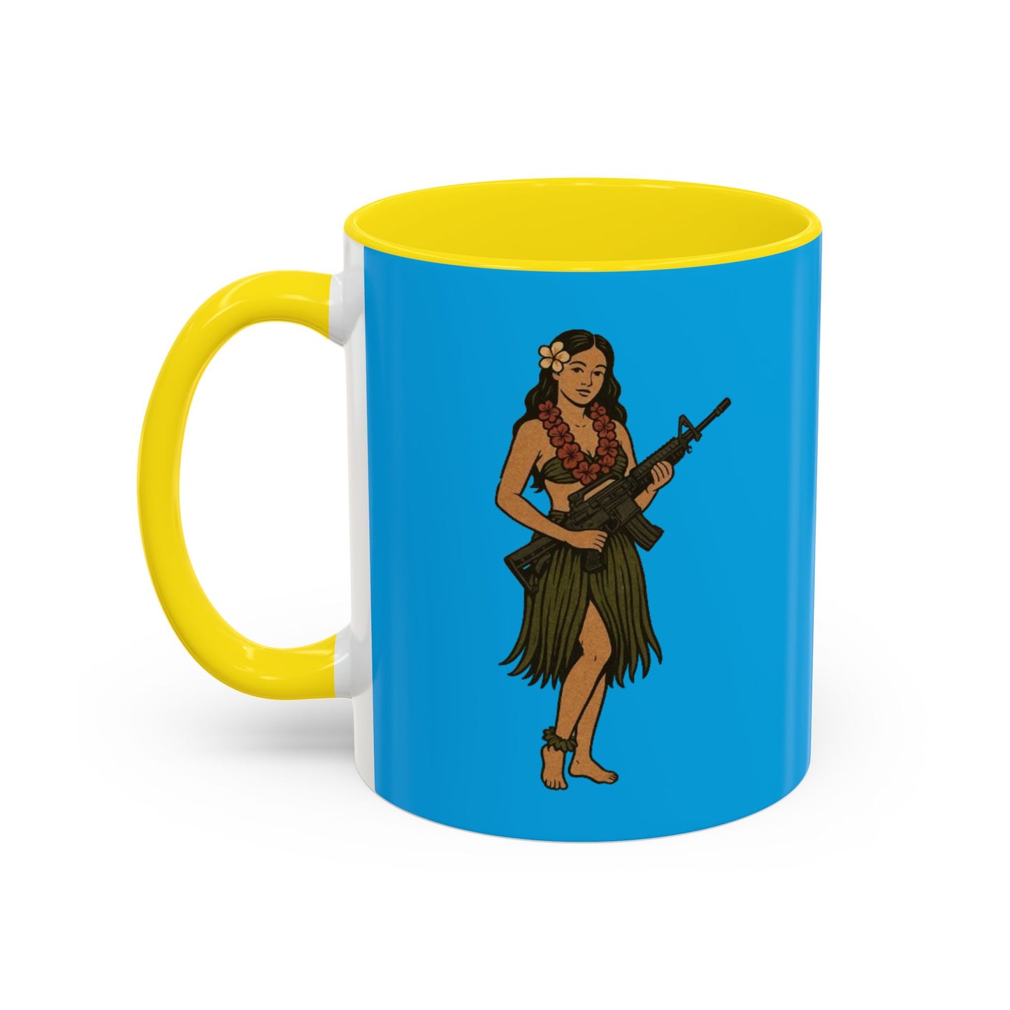 Hula Girl Packin' Heat Light Blue Accent Mug by theGreenDragonTavern.shop