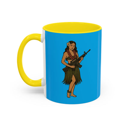Hula Girl Packin' Heat Light Blue Accent Mug by theGreenDragonTavern.shop